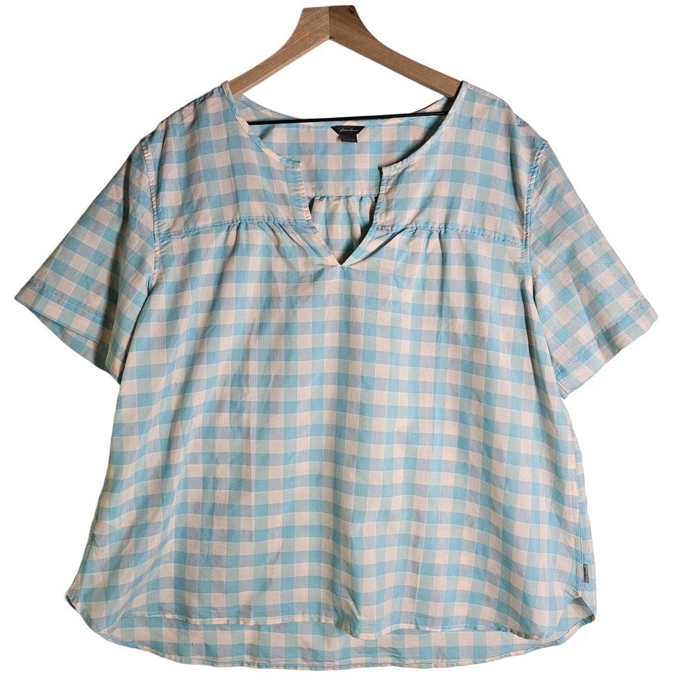 Eddie Bauer Check Blouse Women's 2X Blue Short Sleeve Notched Neckline Top